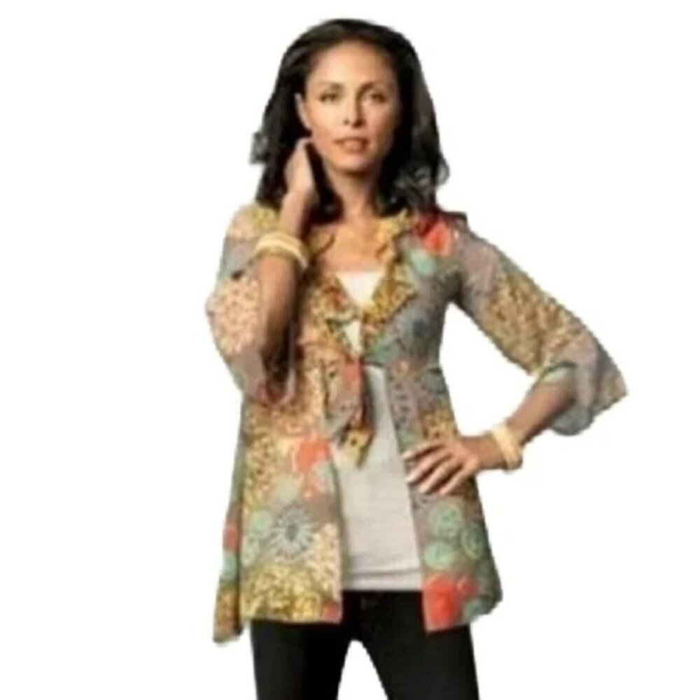 CABI Shakespeare Floral Tie Front Sheer Kimono Topper Sz L #360 EUC
